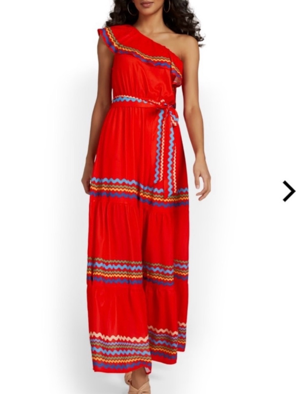 Flying Tomato One-Shoulder Red Fiesta Maxi Dress with Multicolor trim size Small